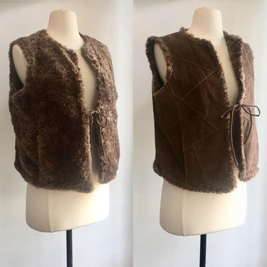 Cool Vintage PATCHWORK SHEARLING Leather Boho Vest / REVERSIBLE / Hidden Pockets 
