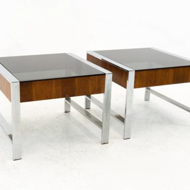 Milo Baughman Style Mid Century Chrome and Smoked Glass Side End Tables - Matching Pair - mcm 