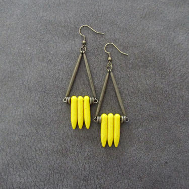 Afrocentric earrings, boho chic earrings, African earrings, bohemian ethnic earrings, yellow and brass howlite, statement bold earring 