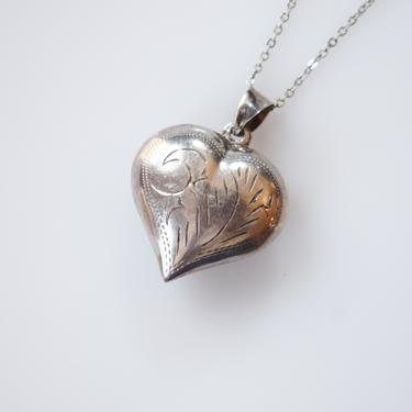 Vintage Sterling Silver Puffy Heart Pendant | c. 1970s Large Heart Shaped Pendant Necklace with Art Nouveau Etched Decoration 