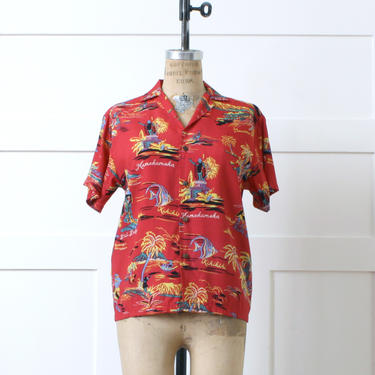 vintage 1990s does 1940s ladies Hawaiian blouse • red Kamehameha print short sleeve tiki shirt 