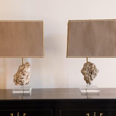Lamps, Brass with cast stone in a lucite base, pair