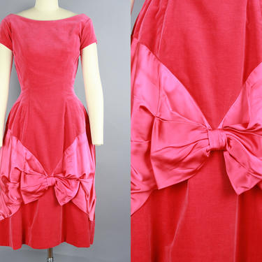 1950s VELVET &amp; SATIN Dress | Vintage 50s Pink Party Dress | xs/s 