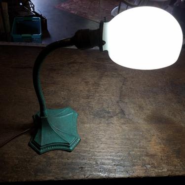 Vintage Green Desk Lamp, Cast Iron, Milk Glass. Rewired with Cloth Cord.