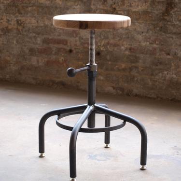 Oak Industrial Stool Adjustable Drill Press Stool bar stools by CamposIronWorks