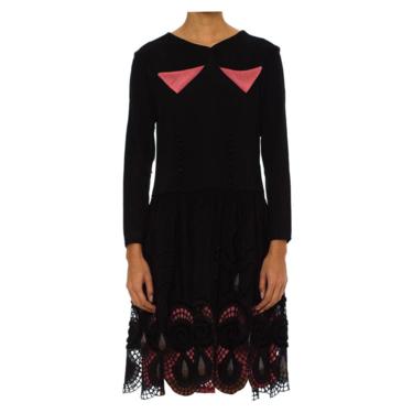 1920S Black Silk Faille Long Sleeve Dress With Velvet Deco Swirl Appliqués  Pink Lining 