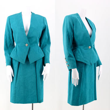 80s YSL turquoise angular peplum skirt suit 42 8 / vintage 1980s Yves Saint Laurent blazer skirt 