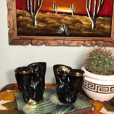 Vintage Mid Century Nude Black and Gold Woman and Man Planter Set 