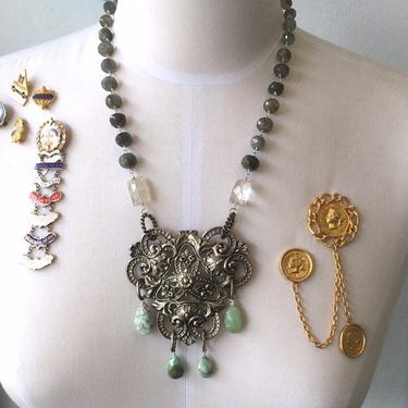 A Royal Fanfare [assemblage necklace: vintage buckle, Peruvian opal, quartz, labradorite, vintage chain] 
