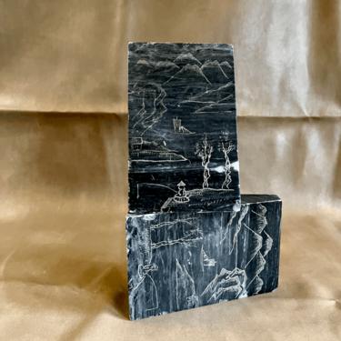 Japanese Etched Marble Bookends