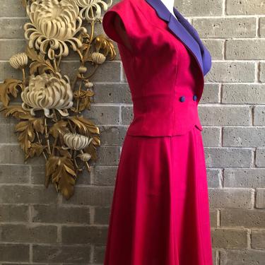 Vintage skirt set, 1980s suit, size small, 1940s style, pink a purple dress, peplum suit, fit and flare, skirt and jacket, fitted suit 