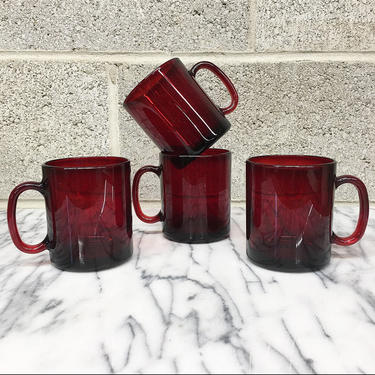 Vintage Mugs Retro 1970s Luminarc Arcoroc France + Translucent + Clear + Ruby Red + Set of 4 + Cups + Drink ware + Kitchen and Home Decor 
