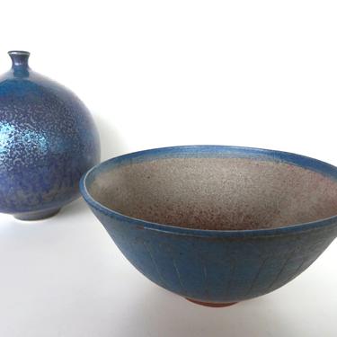 Vintage Studio Pottery Bowl In Blue, Artist Signed Stoneware Pedestal Dish, Wheel Thrown Pottery Bowl 