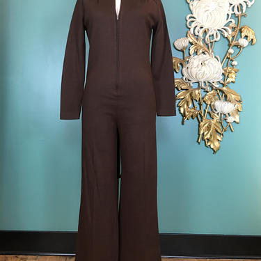1970s jumpsuit, polyester knit, vintage jumpsuit, wide leg jumpsuit, zip front, chocolate brown, medium, long sleeve, retro mod jumpsuit, 28 