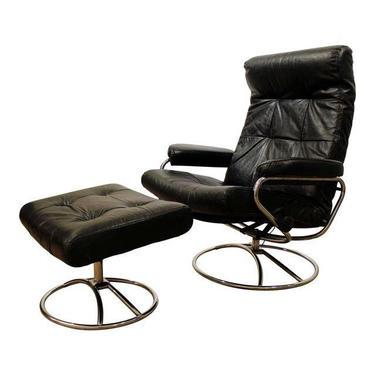 Mid-Century Danish Modern Ekornes Stressless Chrome Lounge Chair & Ottoman 