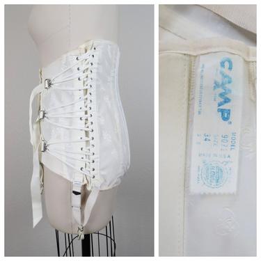 Vintage 1960s fan lace camp corset, garters, girdle, waist cincher, shapewear, size 34 