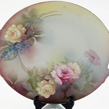 Antique RS Germany Hand Painted Cake Serving Plate Platter With Yellow and Pink Roses 