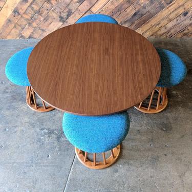 Mid Century Refinished Walnut Game Table with 4 Spindle Base Stools by Arthur Umanoff 