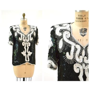 80s 90s Vintage Black Sequin Shirt Top Black White Beaded and Sequin Top Size Large Short Sleeves Art Deco Flapper Inspired Beaded Top Shirt 
