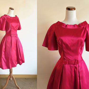Vintage 50s Dress, Lorrie Deb Magenta Pink Taffeta Dress, 1950s Prom Dress Formal, Full Skirt Dress, Fit and Flare Party Dress, Small Medium 