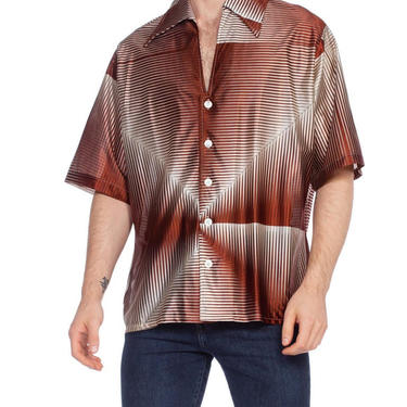 1970'S Brown Geometric Acetate Men's Disco Shirt XL 