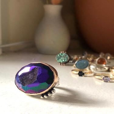 Peacock Druzy Cocktail Ring Handmade in Sterling Silver and 14k Gold Fill. 