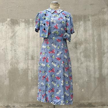 Vintage 1930s Blue Rayon Dress Floral Print Celluloid Buttons Faux Vest 1940s