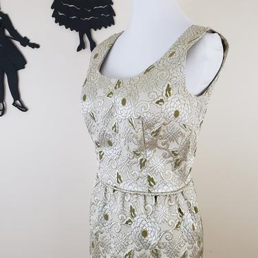 Vintage 1960's Silver Gold Brocade Maxi Dress / 70s Formal Cocktail Wedding Dress S 