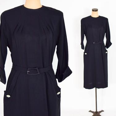 1940s Black Crepe Dress | 40s Black Crepe Sheath Dress | A Kay Carter Originals | Large 