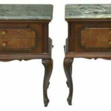 Night Stands, Two, Italian Mahogany Green Marble-Top Bedside Cabinets, 1900's!!