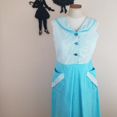 Vintage 1950's Day Dress / 50s Blue Stripe Cotton Dress L 