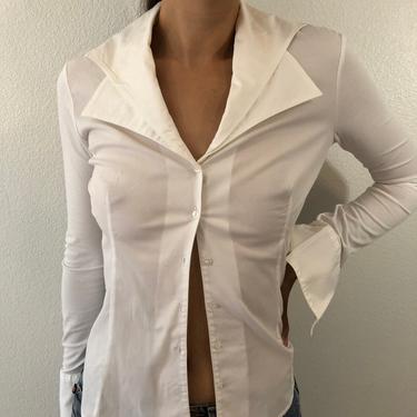 Vintage Anne Fontaine White Stretchy Cotton Long Sleeve Button Down Shirt 
