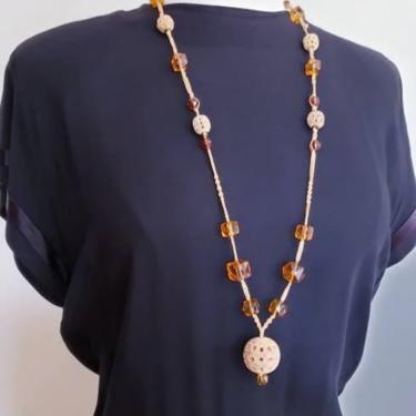 1970s Carved Bone Amber Glass Bead Necklace / 70s Boho Hippie Long Pendant Necklace Cream Orange / Marcella 