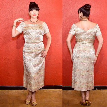 1950s Gold Brocade Large Wiggle Dress Asian Bombshell 