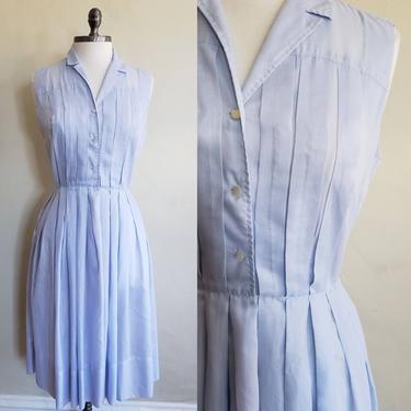 1950s Blue Shirt Dress with Pleating and Pearl Buttons / 50s Sleeveless Summer Dress in Periwinkle Palm Fashions Deland Florida / M / Avril 