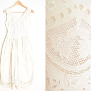 vintage 90s dress white cotton cutwork embroidered cottage core midi dress XS S clothing 