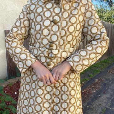 1960s/70s cream and brown mod circle coat with embroidery and o ring belt 