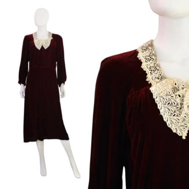 Late 1930s Deep Cranberry Velvet Dress - 1930s Velvet Dress - 1940s Velvet Dress - 30s Red Velvet Dress - Vintage Velvet Dress | Size Large 
