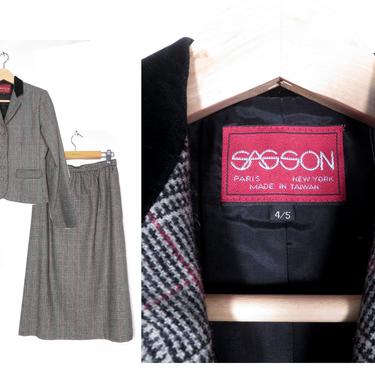 Vintage 80s Sasson Velvet Collar Wool Plaid 2 Piece Skirt Set Size XS 