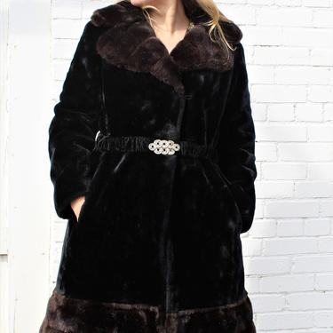 Vintage 1970s Borgazia Faux Fur Coat Medium Women Black Brown Vegan 