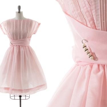 Vintage 1960s Dress | 60s Light Pink Cotton Blend Pintuck Cummerbund Belted Fit and Flare Full Skirt Day Dress (medium) 