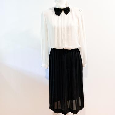 80s Cream and Black Bow Tie Dress | Medium 