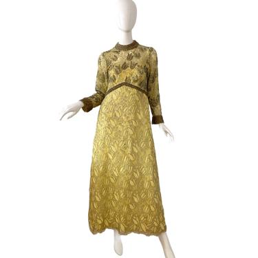 60s Beaded Couture Dress / Vintage Brocade Metallic Tulips Evening Gown / 