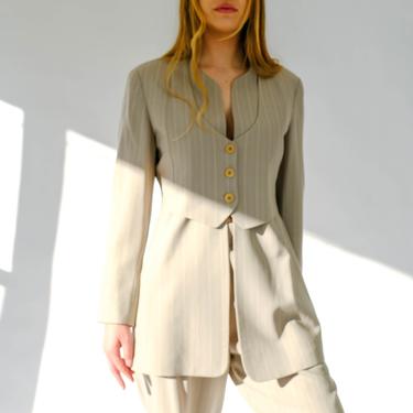 Vintage 90s Giorgio Armani Light Sage Striped Gabardine Vest Blazer Pant Suit | Made in Italy | 100% Wool | 1990s RARE Armani Designer Suit 