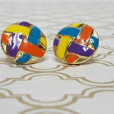 Vintage Colorful Gold Tone Woven Pierced Stud Earrings, Retro Circle Round Earrings, 80s Earrings, Basket Weave, Gift For Her, Jewelry Lover 