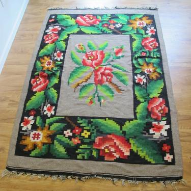 Antique Floral Kilim  Style Hand Woven Rug -  Made in the Ukraine 