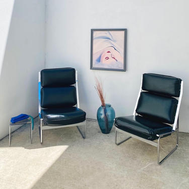 Modernist Black Vinyl and Chrome Chairs