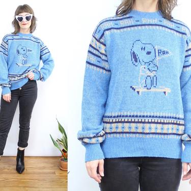 Vintage 60's 70's Snoopy Sweater / 1970's Blue Snoopy Acrylic Pullover Sweater / Size Small Medium Large 