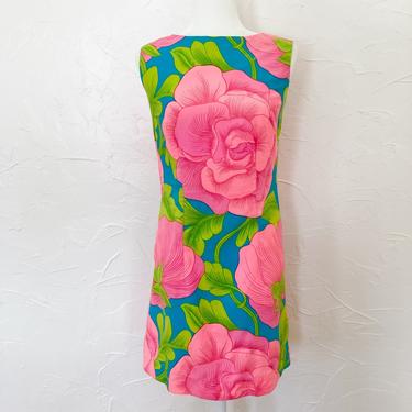 60s Bright Pink, Green, Blue Rose Print Hawaiian Mini Dress | Medium 
