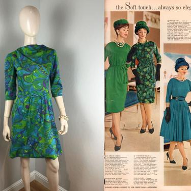 Sixties A 'Swirling - Vintage 1960s Green Blue Colourful Psychedelic Pattern Dress - 6 